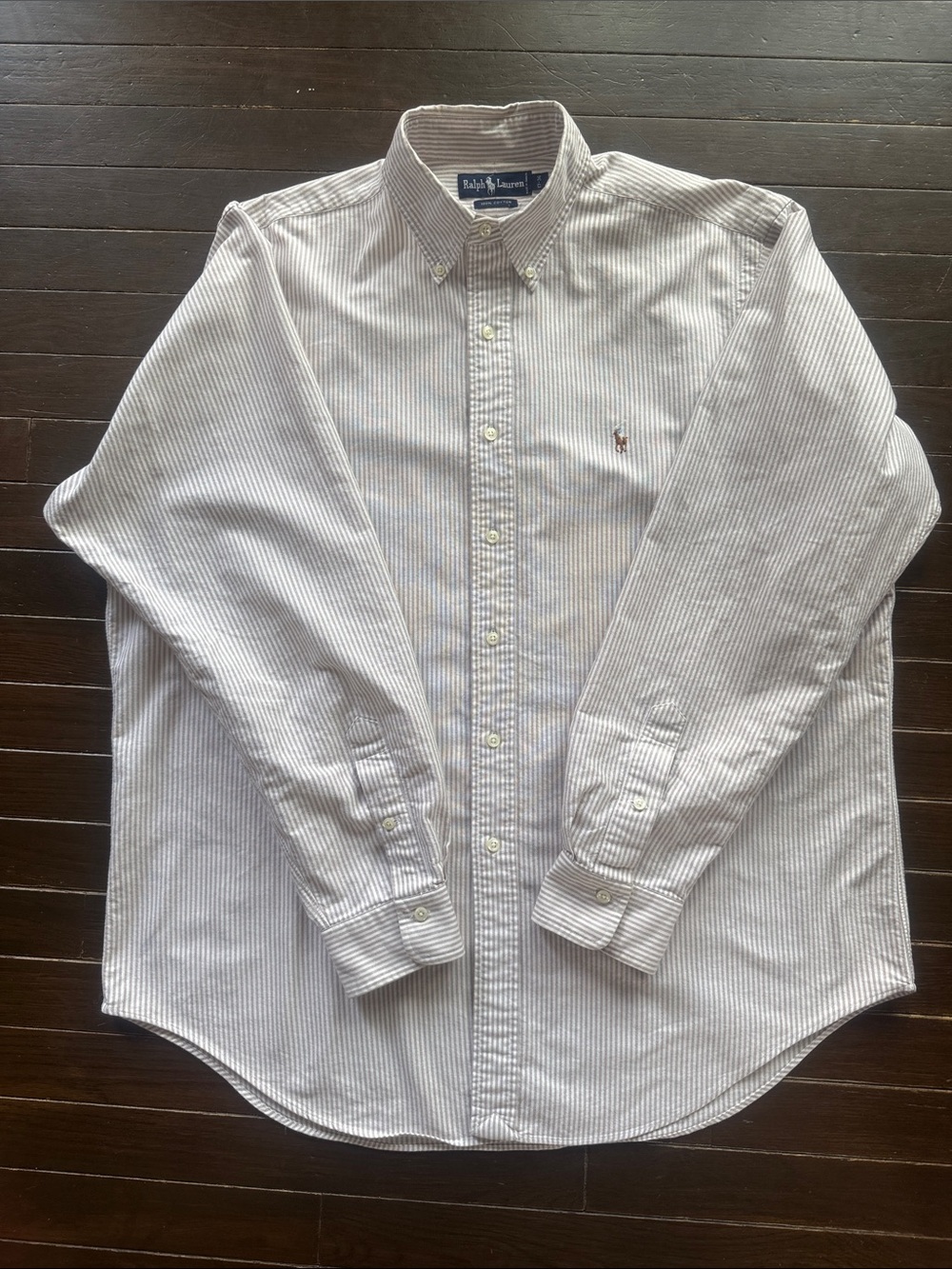Vintage 90s Ralph Lauren Beige & White Stripe Button-Down Shirt. Made in Jamaica - Picture 5 of 8